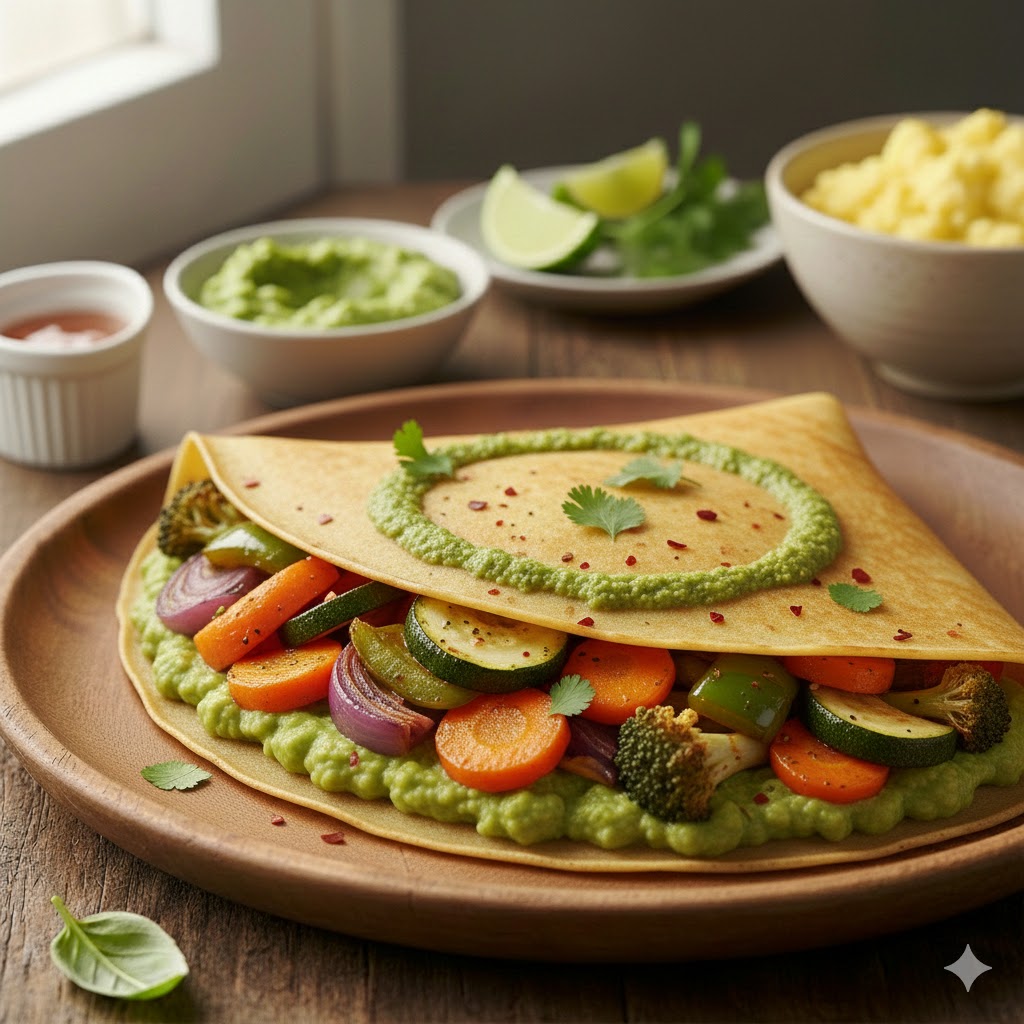Savoury Vegan Roasted Vegetables & Gaucamole crepe